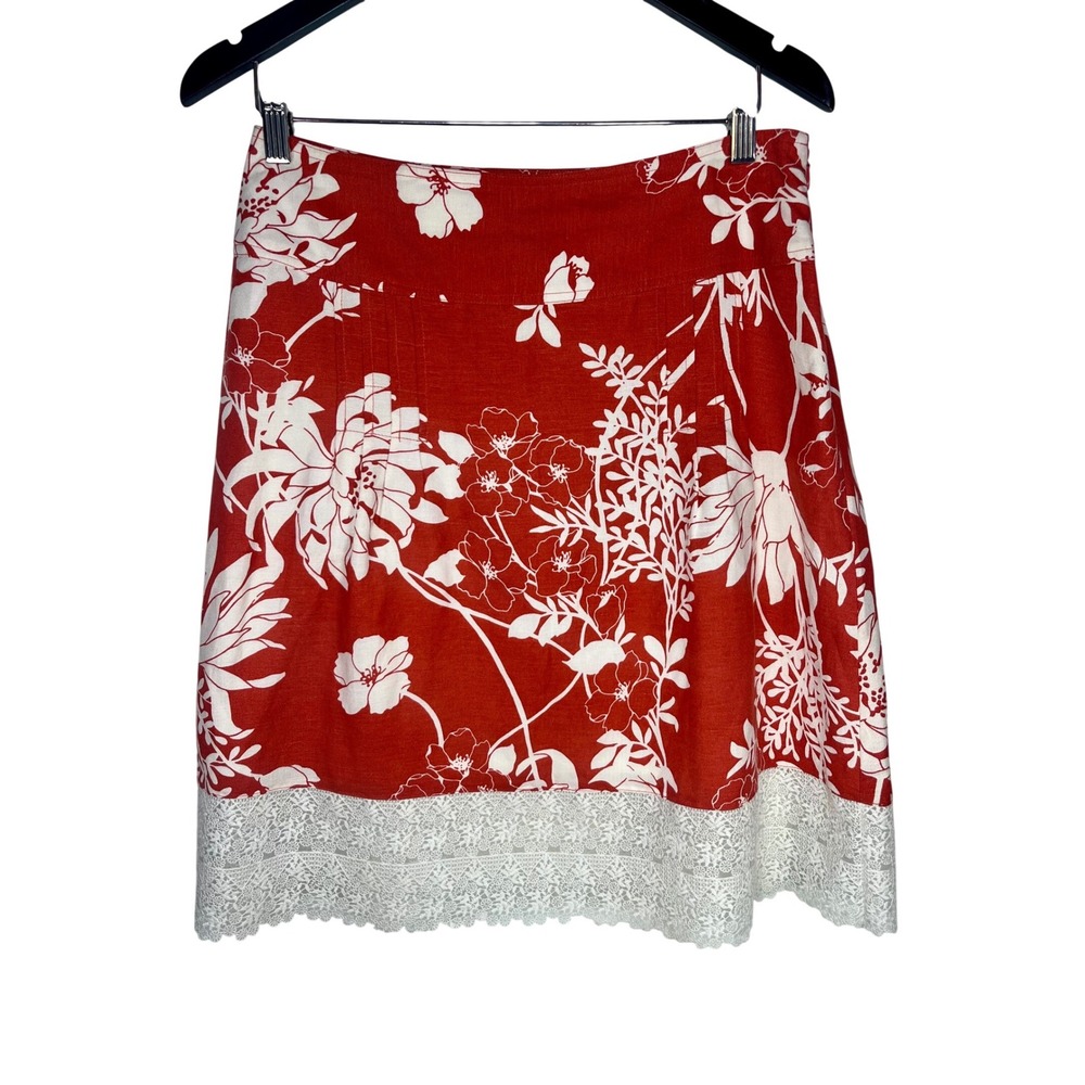 Ann Taylor Skirt Womens 6 Red White Floral Linen Blend Lace Hem A-Line